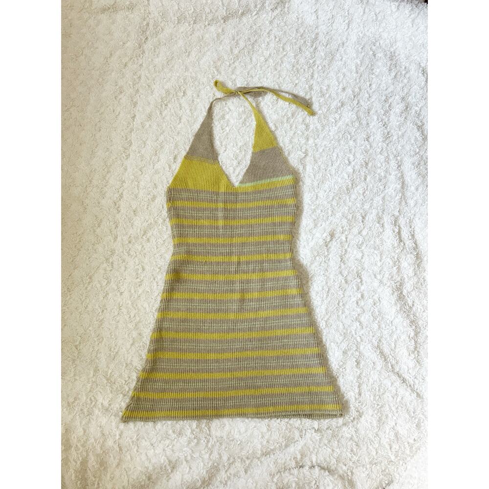 green striped knit halter mini dress